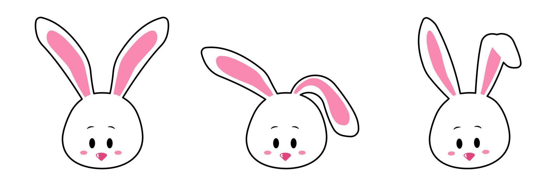 cara conjunto de un linda blanco Conejo. kawaii conejito oído emojis, o conejito emoticono símbolo de un Conejo. expresión de un gracioso animal dibujos animados cifra. contorno en un vector ilustración