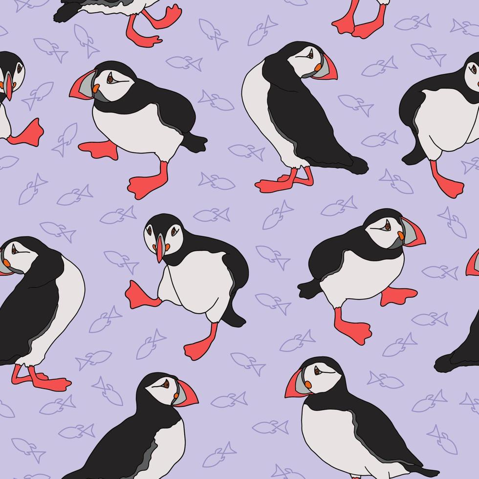 Seamless pattern with Atlantic dead ends. Funny Northern birds isolated on a purple background in cartoon style.  For banners, textiles, websites, web pages, packaging, and children's design. vector