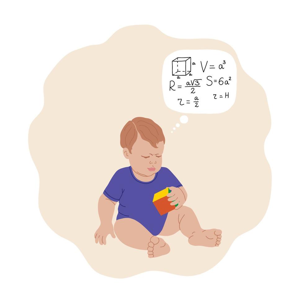 Little prodigy solves the geometry problem in the mind. Child examines a cube drawn in a cartoon style. For postres, postcards, web design, etc. Vector illustration.