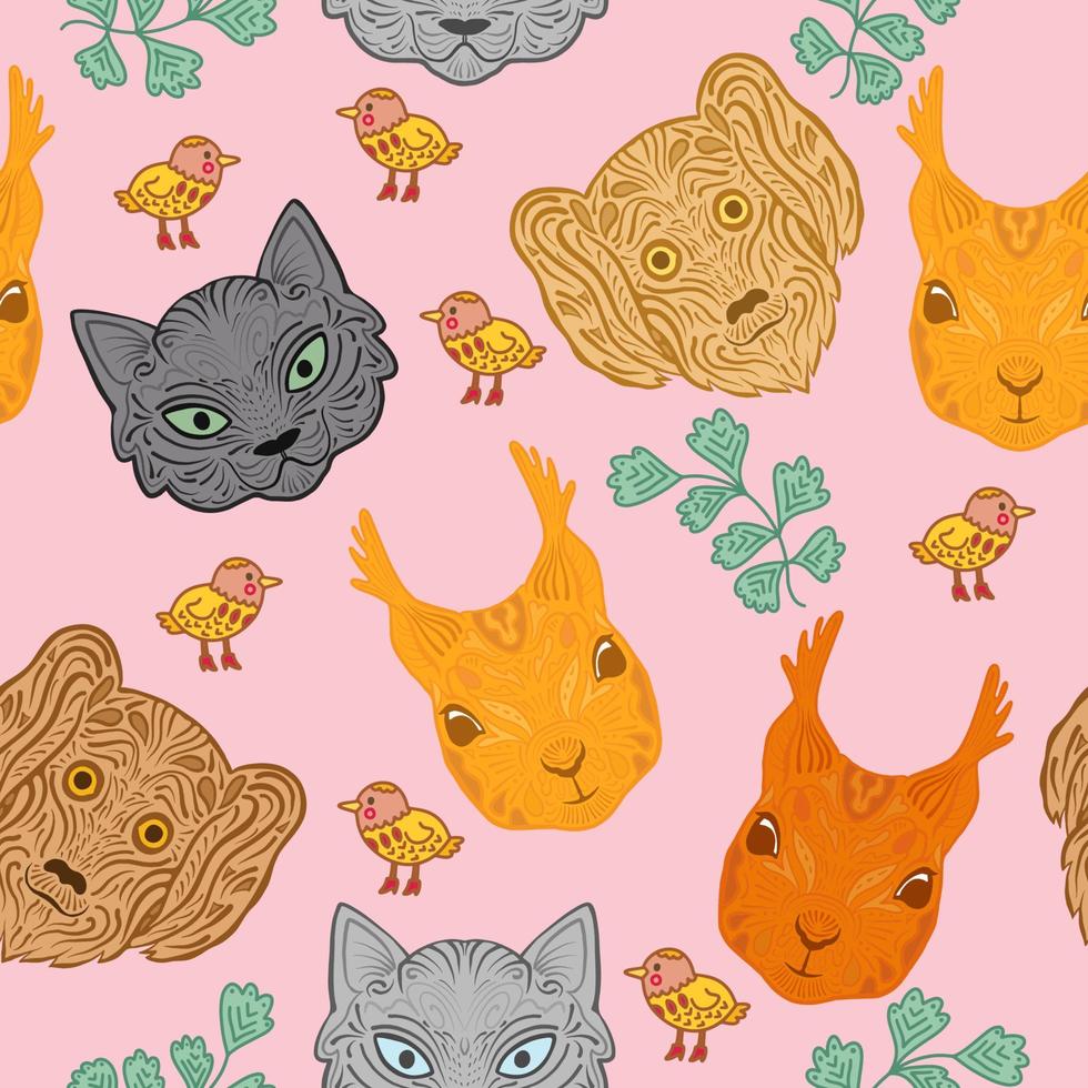 niños sin costura modelo con gracioso creativo caras de gatos, perros, ardillas vector ilustración en el dibujos animados estilo. para para niños ropa, tela, textiles, niños habitación decoración, envase papel