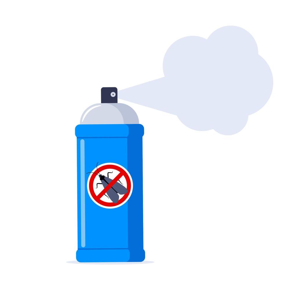Repellent spray in the blue bottle. Protection from the moth and other insect. Aerosol for bug bite prevention. Black moth silhouette crossed in red circle. Vector illustration.
