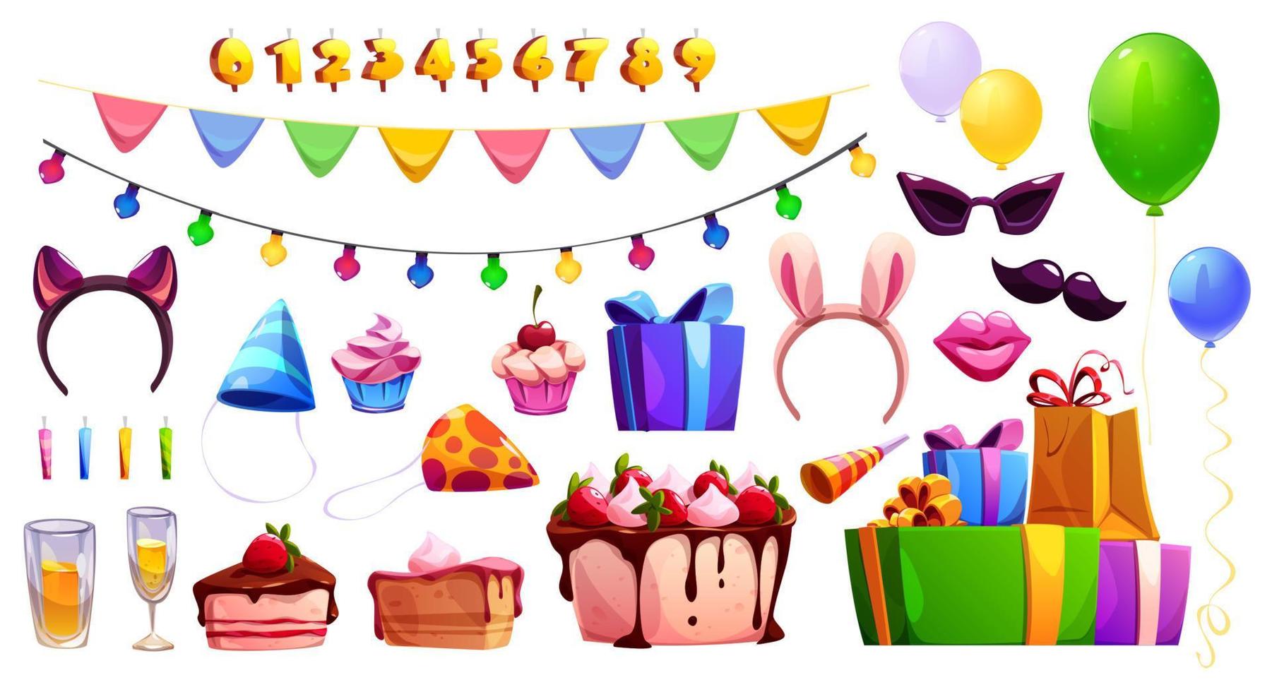 Birthday party elements, cake, balloons, candles vector