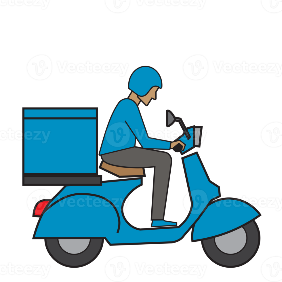 Courier on a vintage motor bike. Cartoon character. Express delivery concept. png