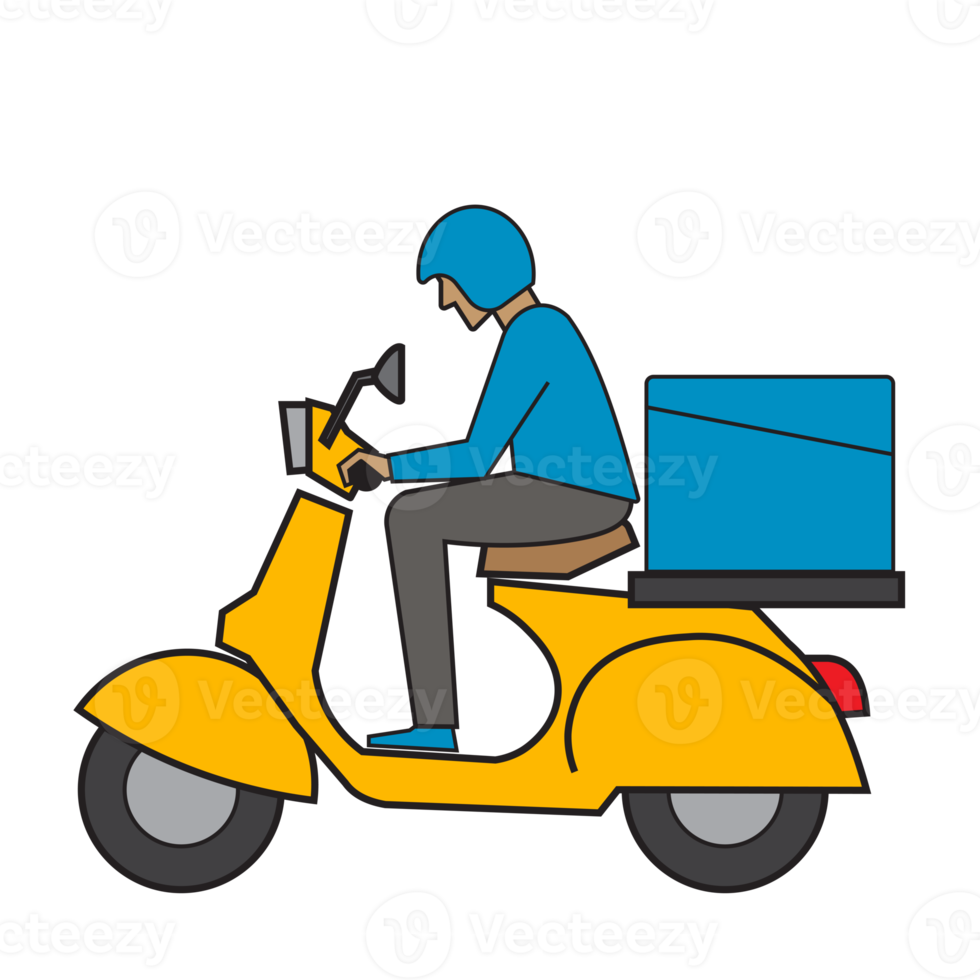 Courier on a vintage motor bike. Cartoon character. Express delivery concept. png