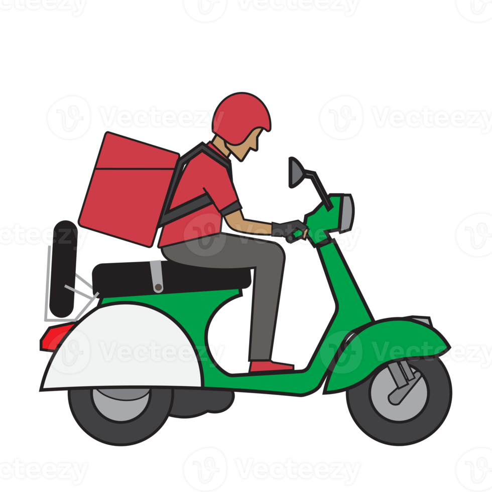 Courier on a vintage motor bike. Cartoon character. Express delivery concept. png