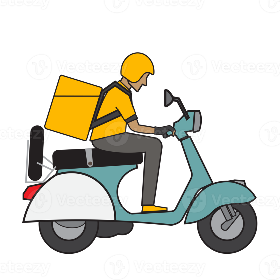 Courier on a vintage motor bike. Cartoon character. Express delivery concept. png