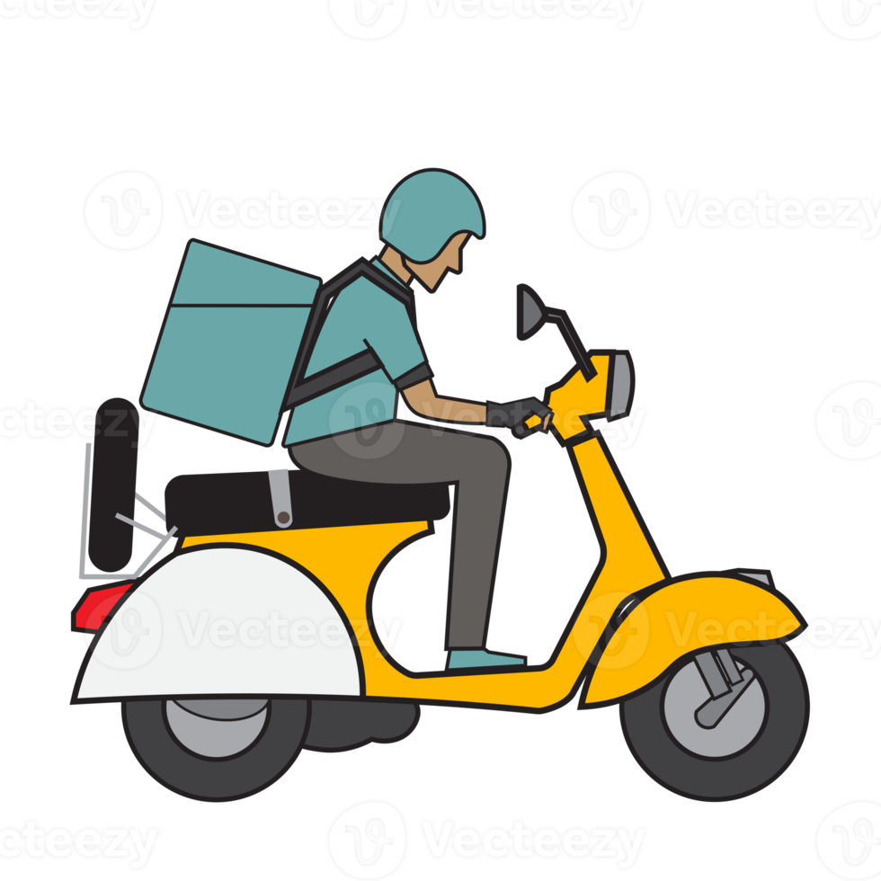 Courier on a vintage motor bike. Cartoon character. Express delivery concept. png