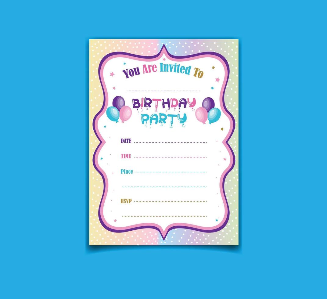 happy birthday invitation card with gradient doted background and colorful frame ,balloons , stars for birthday party vector illustration