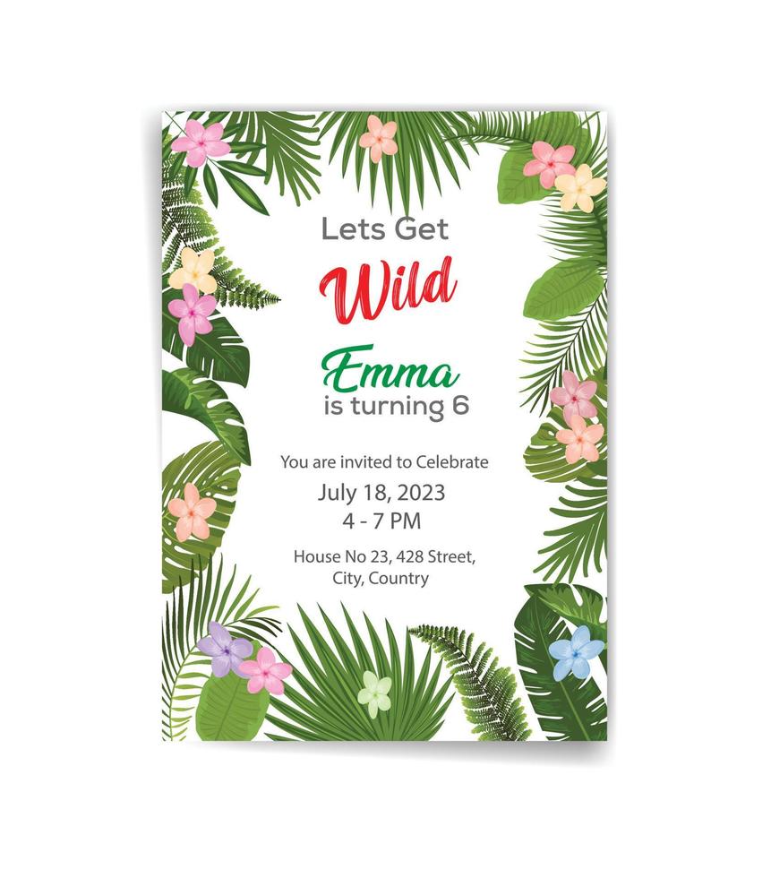 Safari birthday invitation card with tropical leaves and flowers , jungle theme nature green leaf colorful background birthday vector illustration