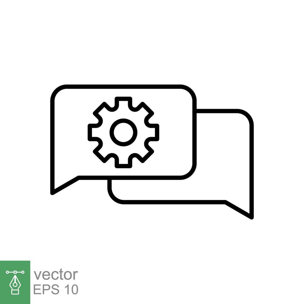 Settings chat icon. Simple outline style. Speech bubble with gear configuration. Thin line symbol. Dialog balloon and cog wheel. Vector illustration design on white background. EPS 10.