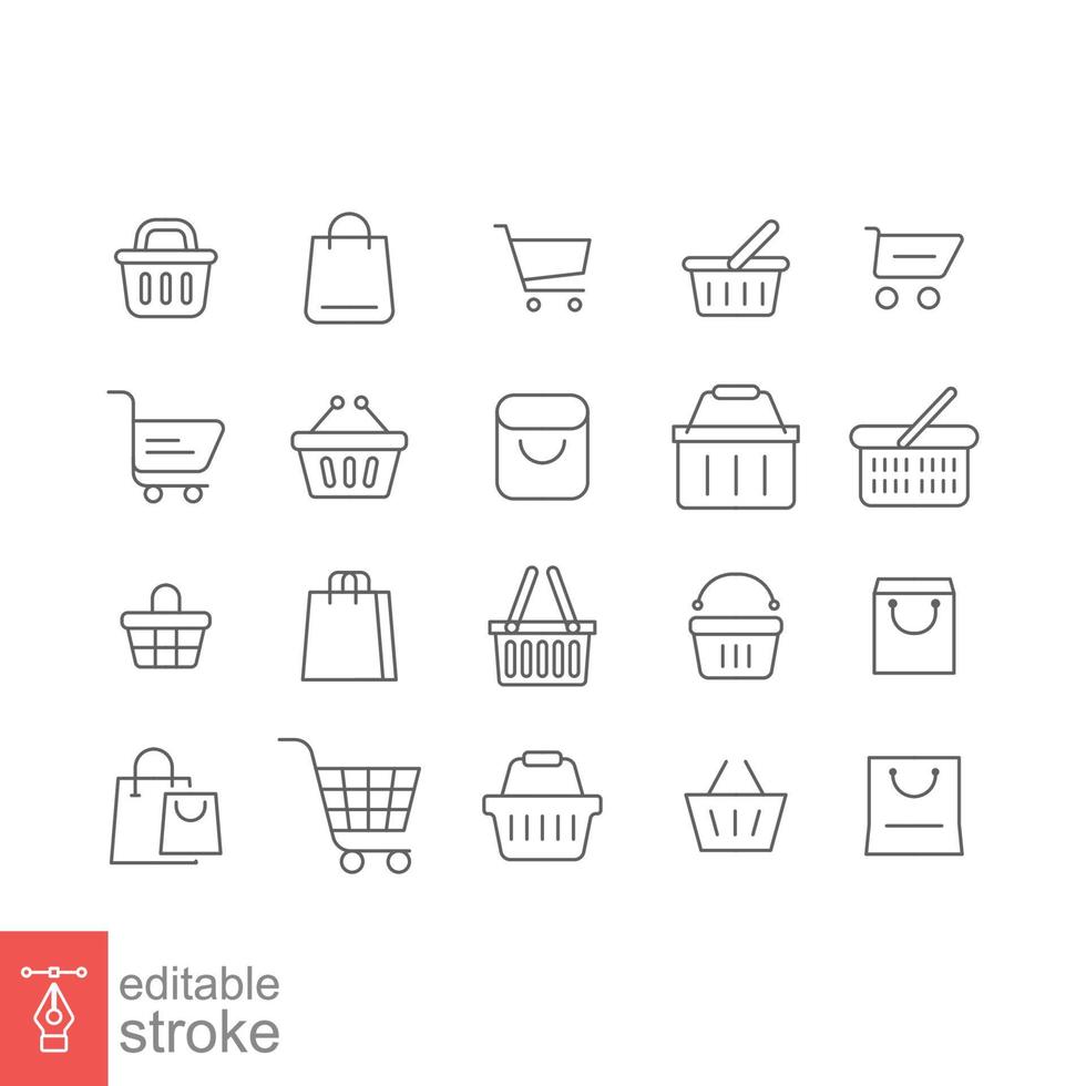 Set of shopping cart line icons. Simple outline style. Online store, shop basket, bag, business concept. Thin line symbol. Vector illustration isolated on white background. Editable stroke EPS 10.