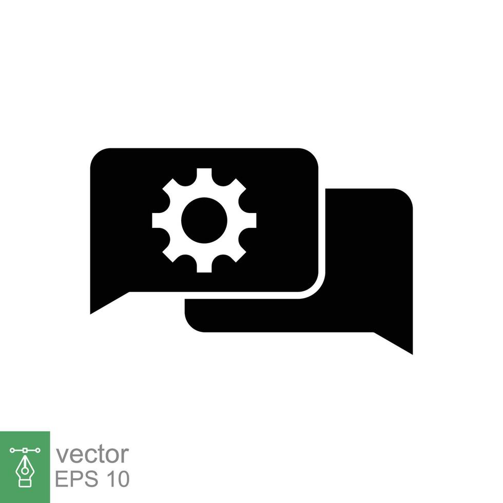 Settings chat icon. Simple solid style. Speech bubble with gear configuration. Black silhouette, glyph symbol. Dialog balloon and cog wheel. Vector illustration design on white background. EPS 10.