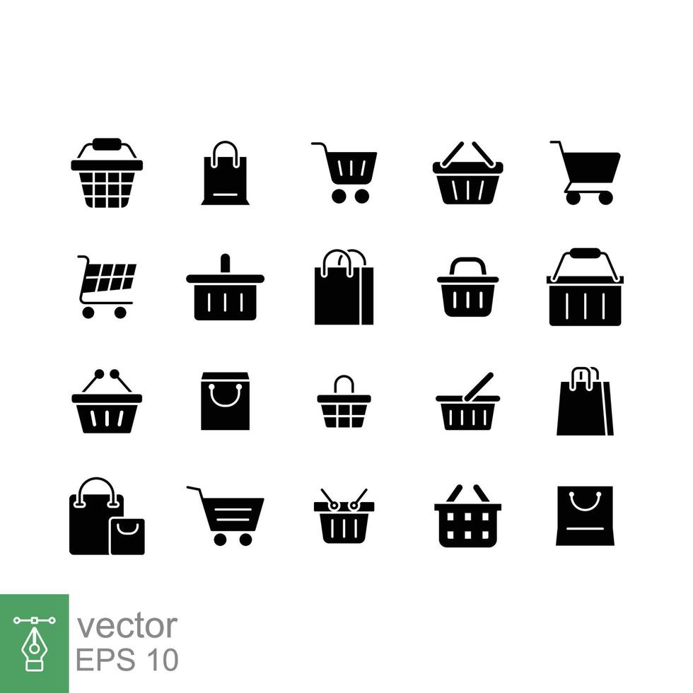 Set of shopping cart icons. Simple solid style. Online store, shop basket, bag, business concept. Black silhouette, glyph symbol. Vector illustration isolated on white background. EPS 10.