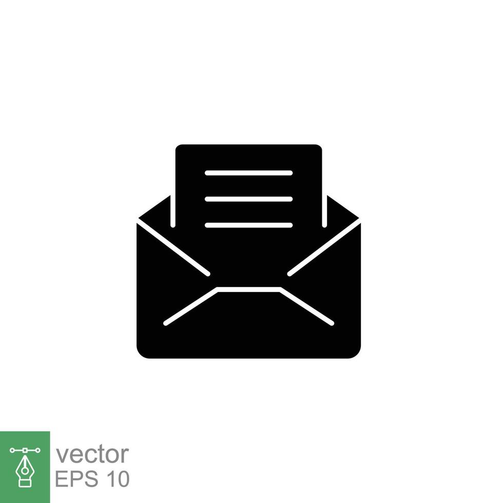 Envelope with letter icon. Simple solid style. Open message, email, mail, newsletter. Black silhouette, glyph symbol. Vector illustration isolated on white background. EPS 10.