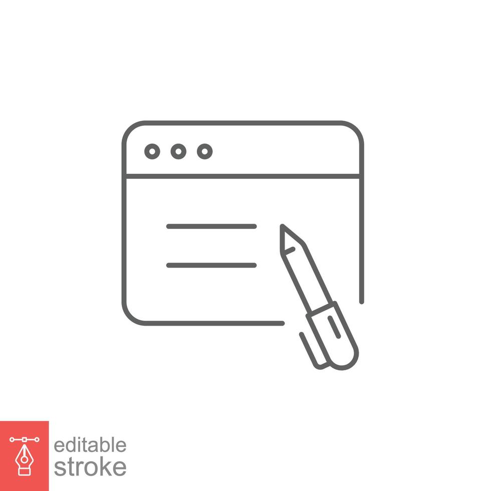 Blog writing icon. Simple outline style. Web page with pen, Journalism concept. Thin line symbol. Vector illustration isolated on white background. Editable stroke EPS 10.