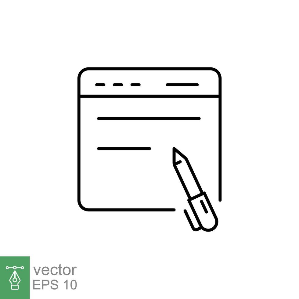 Blog writing icon. Simple outline style. Web page with pen, Journalism concept. Thin line symbol. Vector illustration isolated on white background. EPS 10.