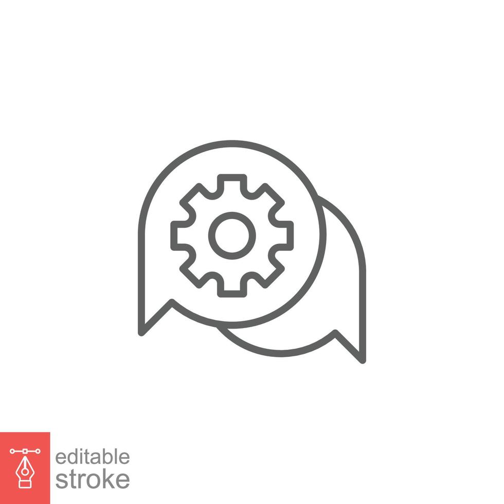Settings chat icon. Simple outline style. Speech bubble with gear configuration. Thin line symbol. Dialog balloon and cog wheel. Vector illustration design on white background. Editable stroke EPS 10.