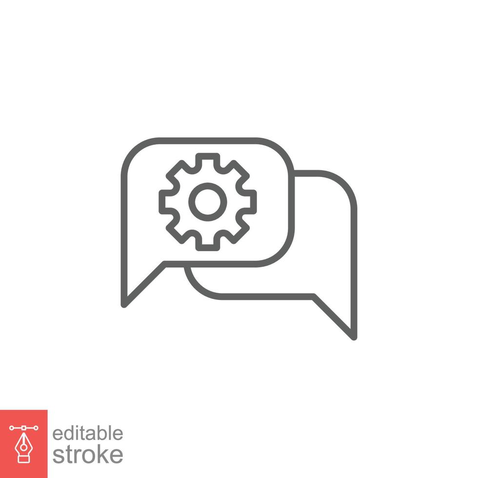 Settings chat icon. Simple outline style. Speech bubble with gear configuration. Thin line symbol. Dialog balloon and cog wheel. Vector illustration design on white background. Editable stroke EPS 10.