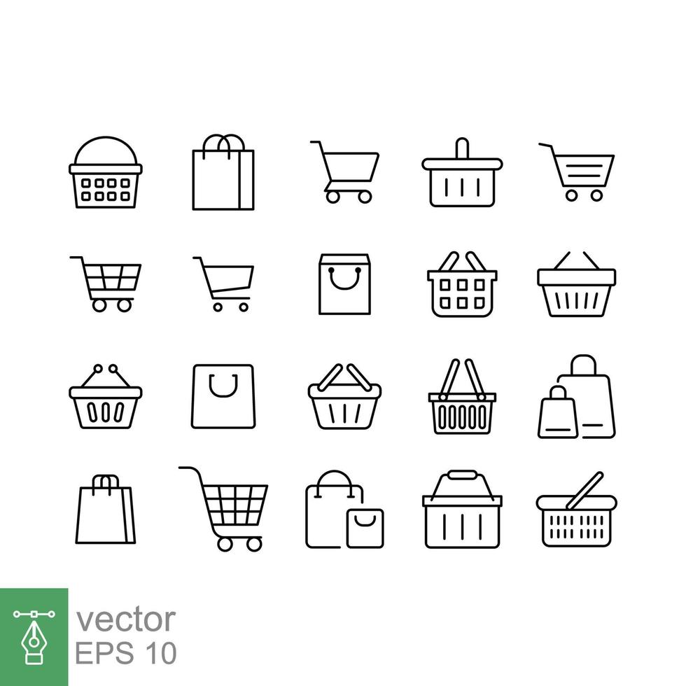 Set of shopping cart line icons. Simple outline style. Online store, shop basket, bag, business concept. Thin line symbol. Vector illustration isolated on white background. EPS 10.
