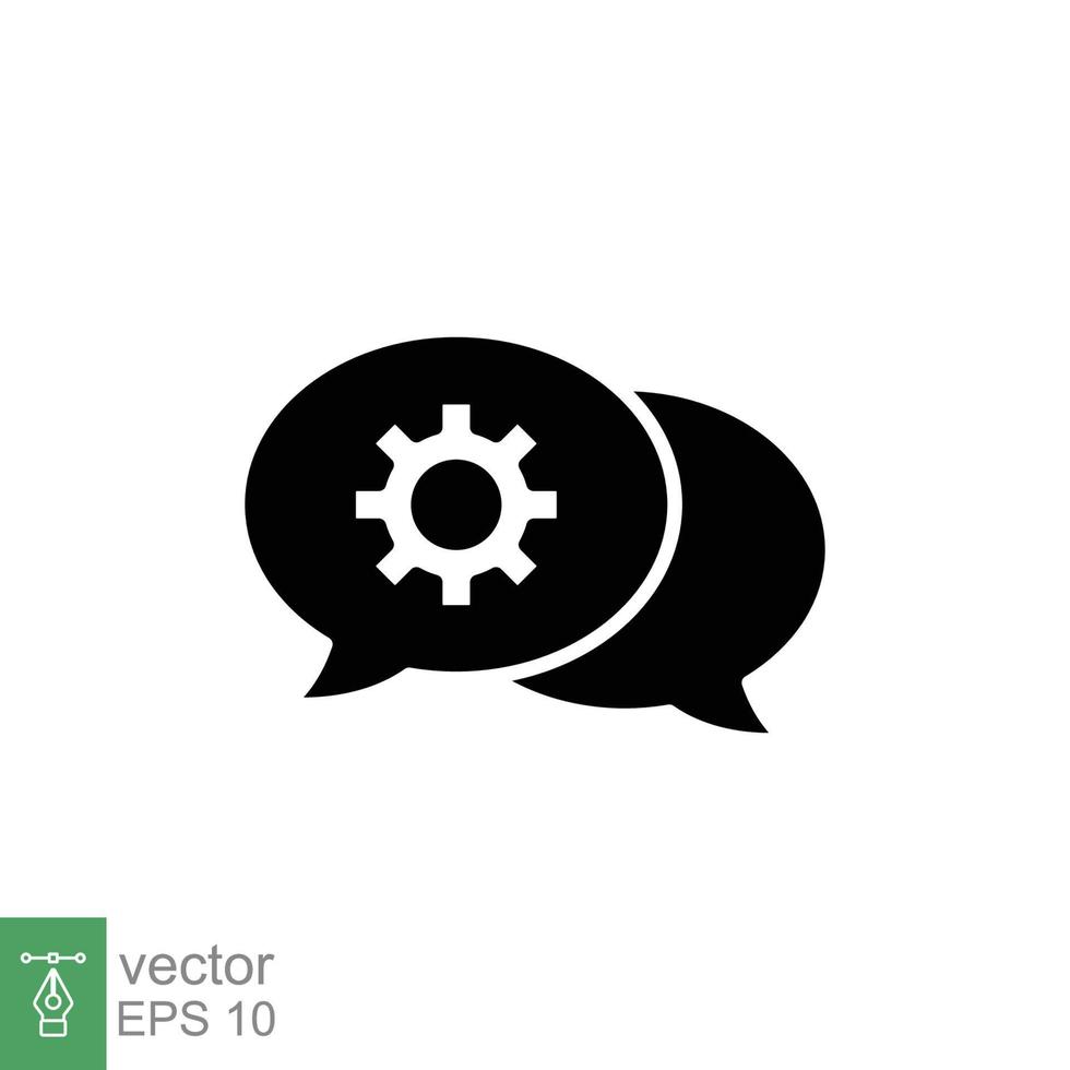 Settings chat icon. Simple solid style. Speech bubble with gear configuration. Black silhouette, glyph symbol. Dialog balloon and cog wheel. Vector illustration design on white background. EPS 10.