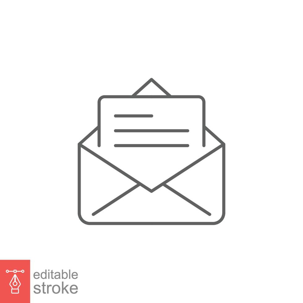 Envelope with letter icon. Simple outline style. Open message, email, mail, newsletter. Thin line symbol. Vector illustration isolated on white background. Editable stroke EPS 10.