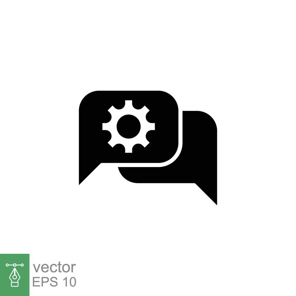 Settings chat icon. Simple solid style. Speech bubble with gear configuration. Black silhouette, glyph symbol. Dialog balloon and cog wheel. Vector illustration design on white background. EPS 10.