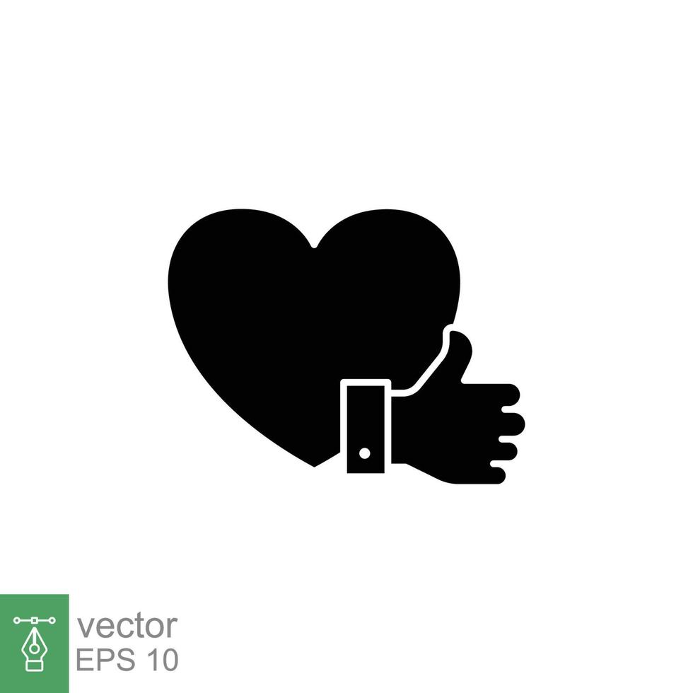 Heart and hand thumb up flat icon. Like, favourite, love, and testimonials concept. Simple solid style. Black silhouette, glyph symbol. Vector illustration isolated on white background. EPS 10.
