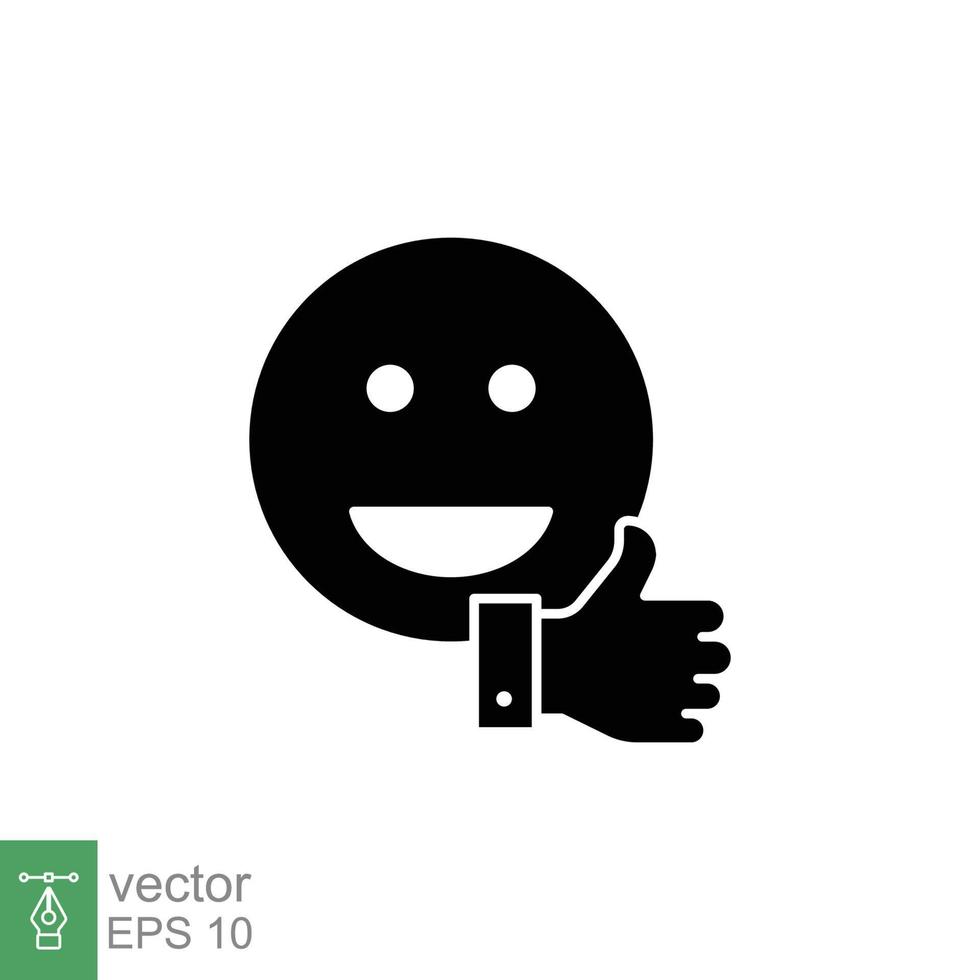 Smile face and hand thumb up icon. Like, happy, favourite, love, and testimonials concept. Simple solid style. Black silhouette, glyph symbol. Vector illustration isolated on white background. EPS 10.