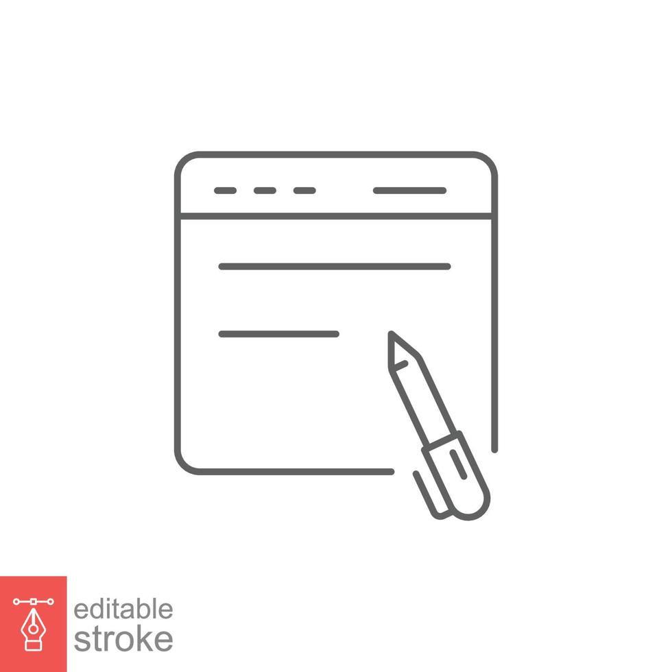 Blog writing icon. Simple outline style. Web page with pen, Journalism concept. Thin line symbol. Vector illustration isolated on white background. Editable stroke EPS 10.