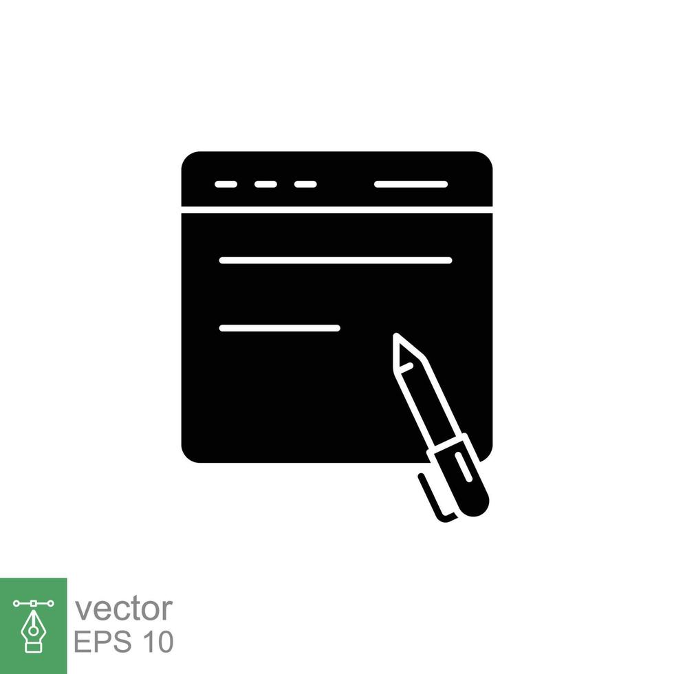 Blog writing icon. Simple solid style. Web page with pen, Journalism concept. Black silhouette, glyph symbol. Vector illustration isolated on white background. EPS 10.