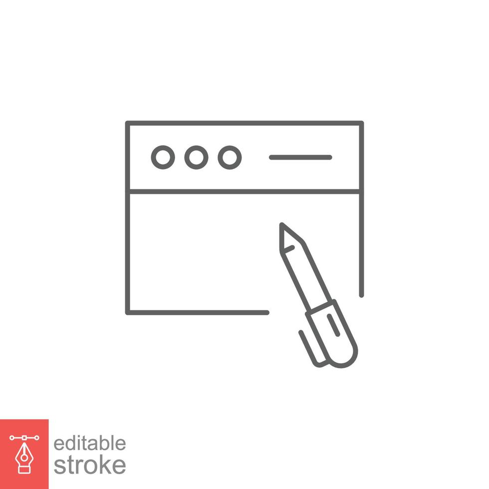 Blog writing icon. Simple outline style. Web page with pen, Journalism concept. Thin line symbol. Vector illustration isolated on white background. Editable stroke EPS 10.