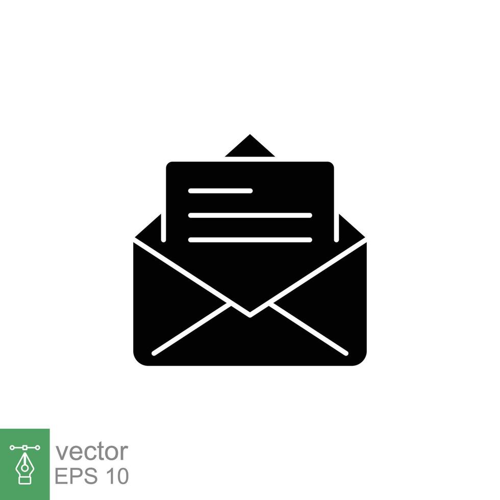 Envelope with letter icon. Simple solid style. Open message, email, mail, newsletter. Black silhouette, glyph symbol. Vector illustration isolated on white background. EPS 10.