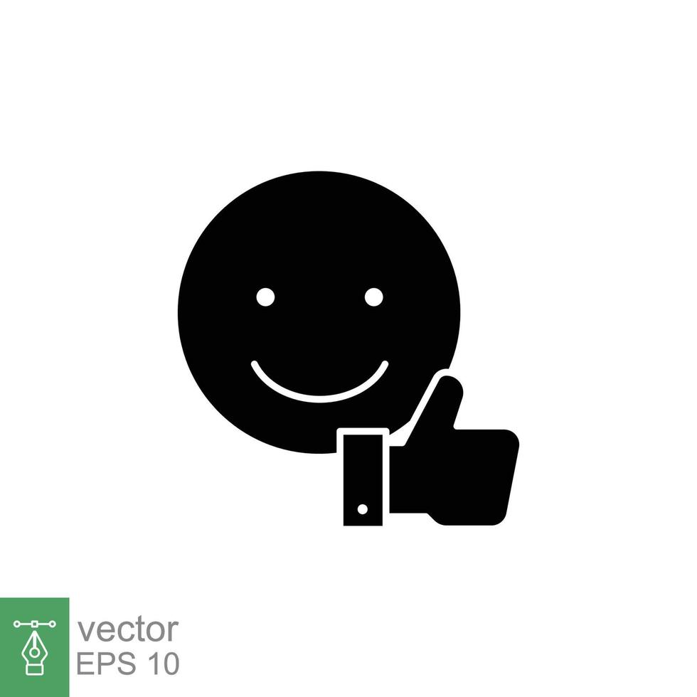 sonrisa cara y mano pulgar arriba icono. como, feliz, favorito, amar, y testimonios concepto. sencillo sólido estilo. negro silueta, glifo símbolo. vector ilustración aislado en blanco antecedentes. eps 10