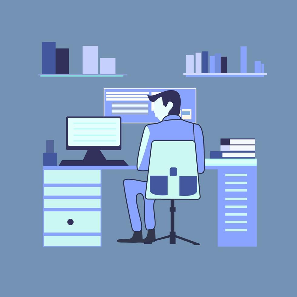 A man sits at a desk in front of a computer monitor vector