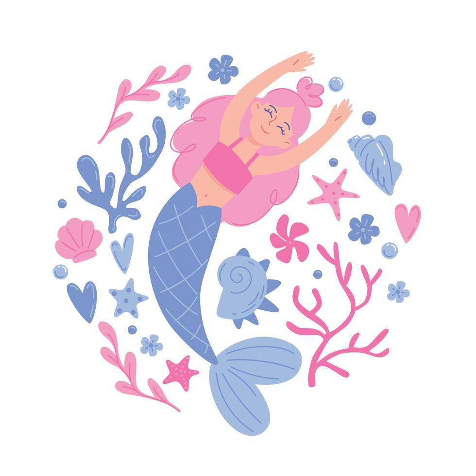 happy mermaid and ocean elements vector