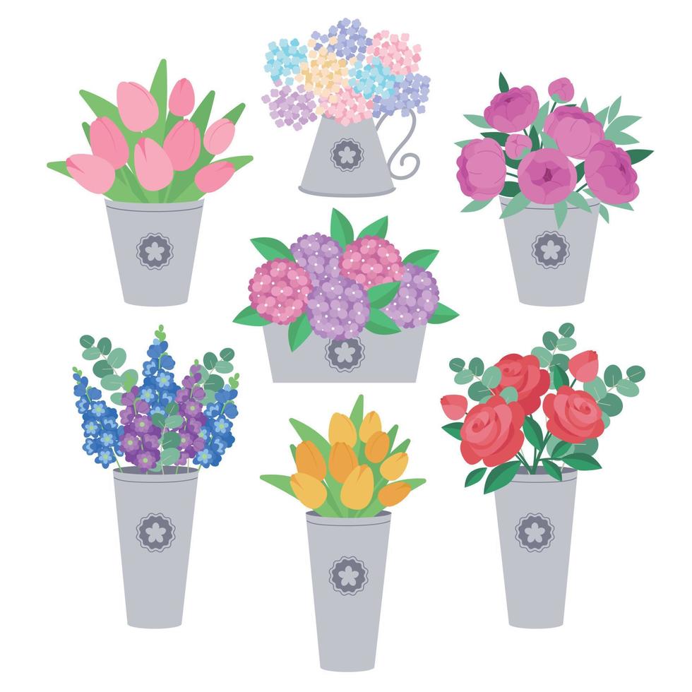 flowers in buckets set vector