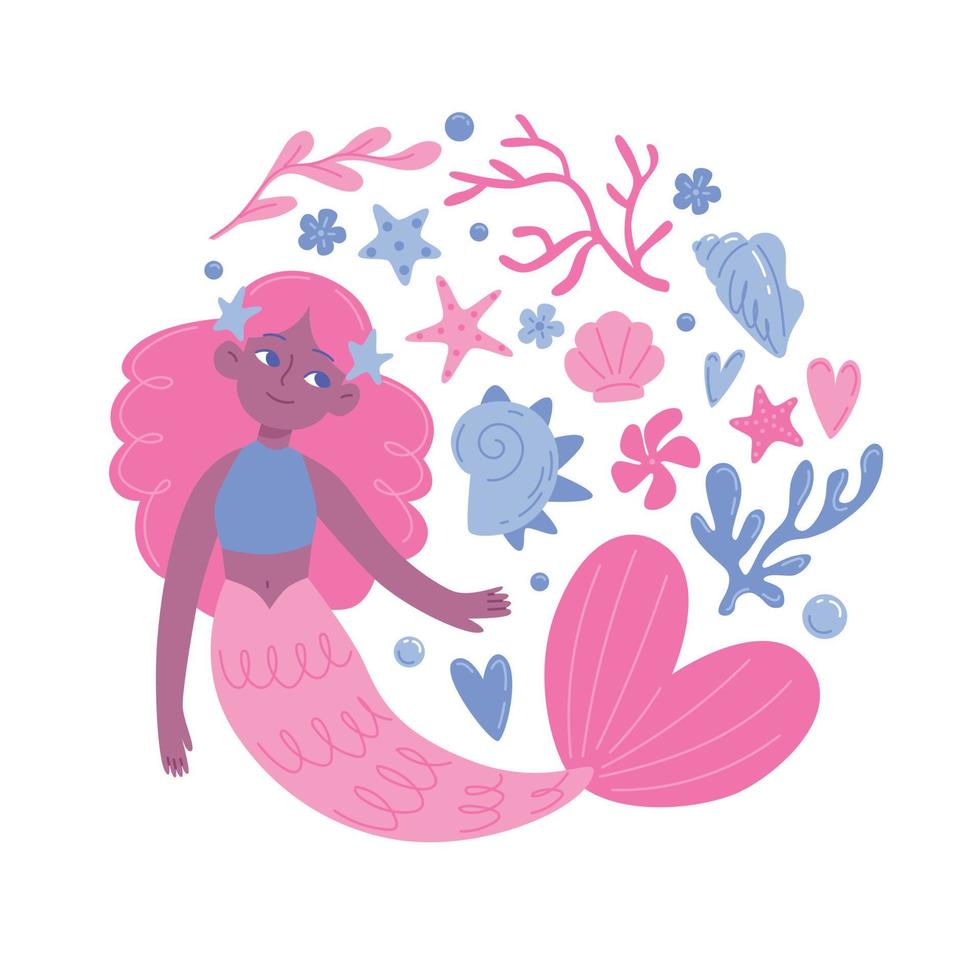 mermaid with pink hair and pink tail vector