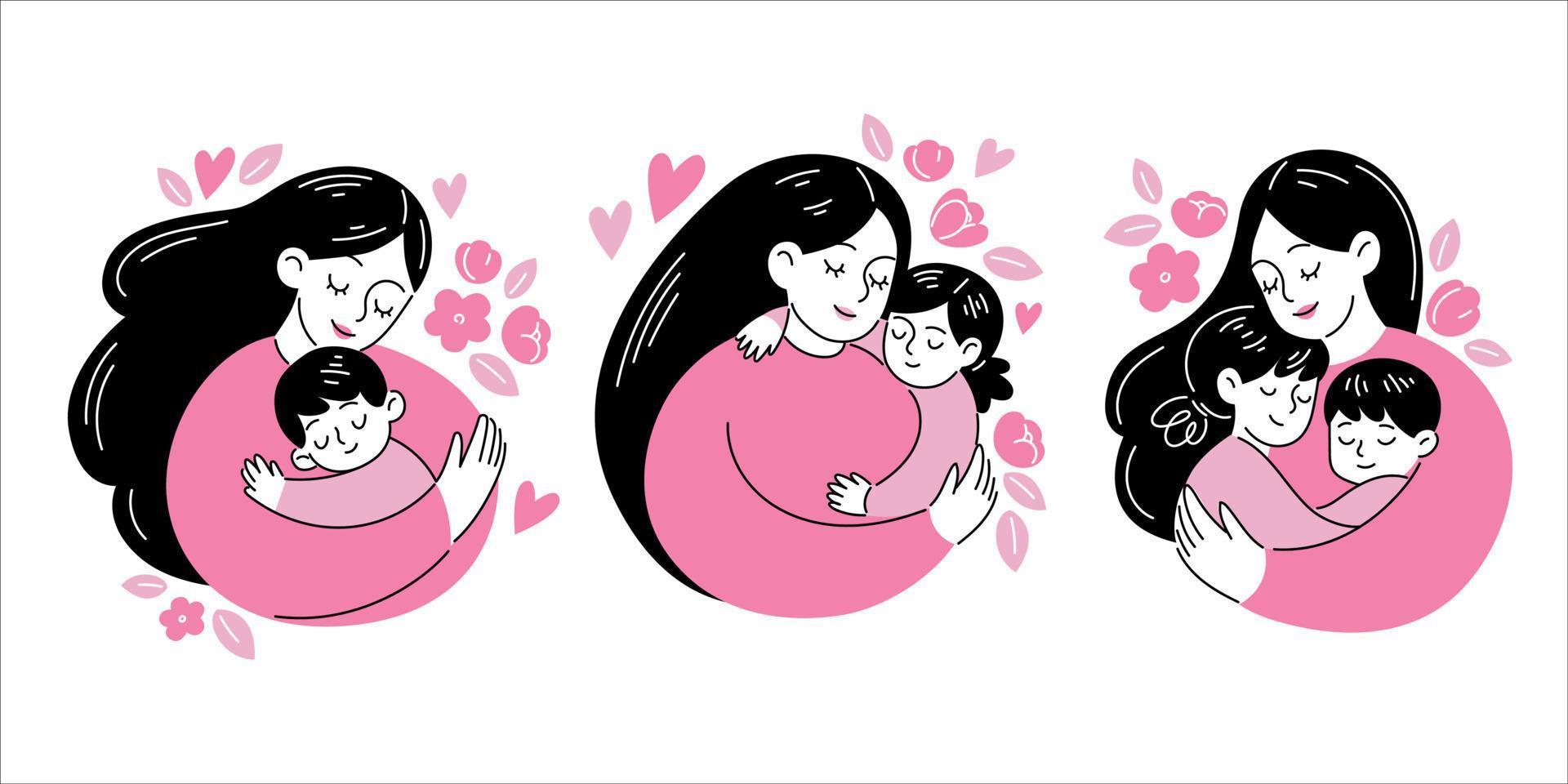 set of illustrations of mothers and children vector