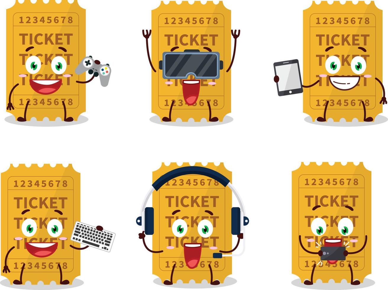 Ticket cartoon character are playing games with various cute emoticons vector