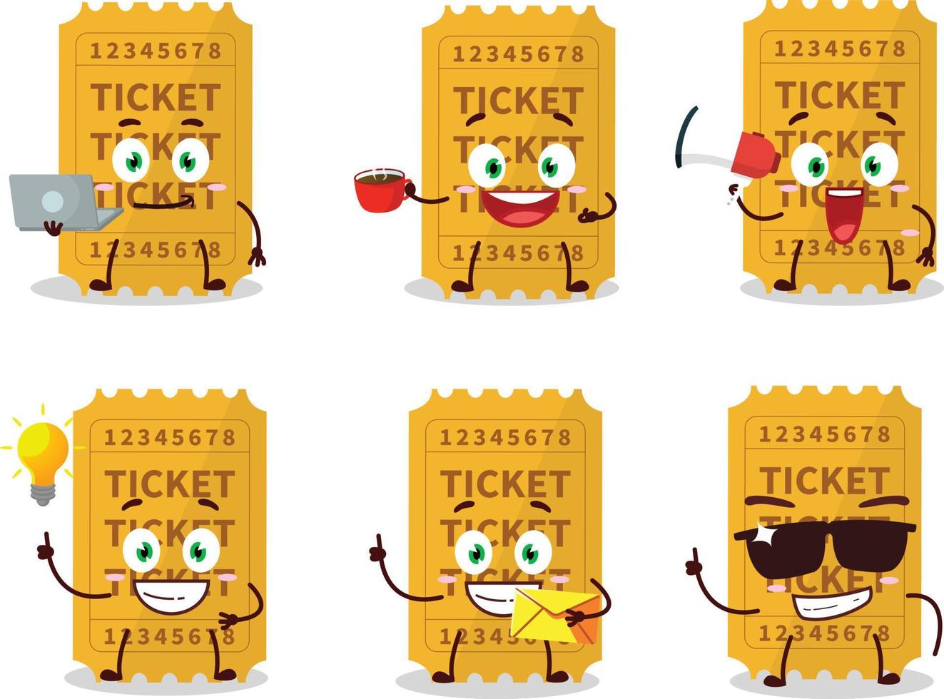 Ticket cartoon character with various types of business emoticons vector