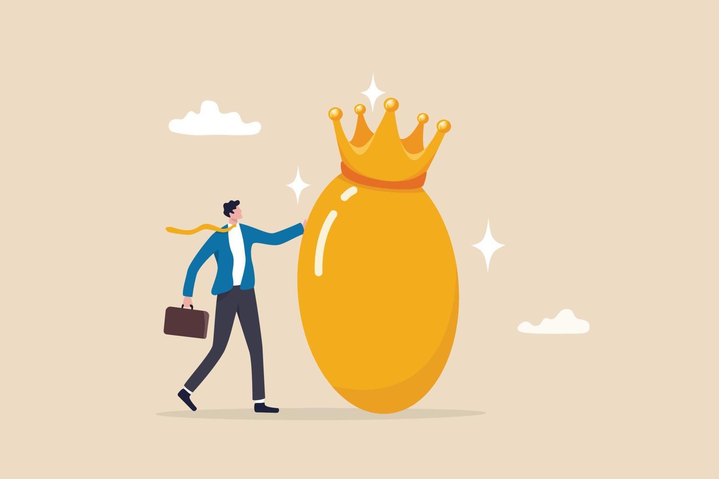 Golden egg investment, precious retirement pension fund, wealth or saving, 401k or IRA, prosperity or valuable asset concept, wealthy businessman with precious golden egg wearing crown. vector