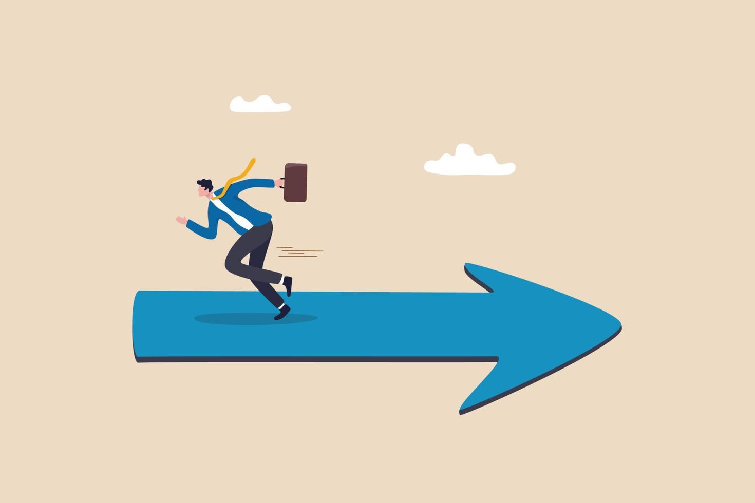 Wrong direction lead to mistake, leadership decision to be difference or opposite, mislead or false to get lost concept, confused businessman running in wrong opposite direction of trend arrow. vector