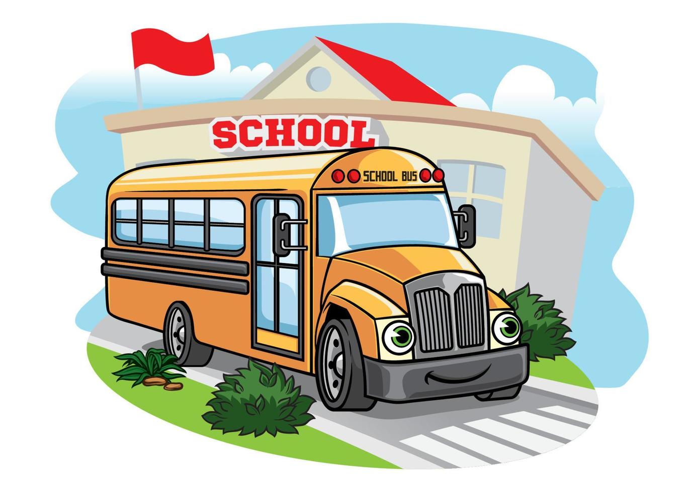 cartoon School Bus illustration at the school vector