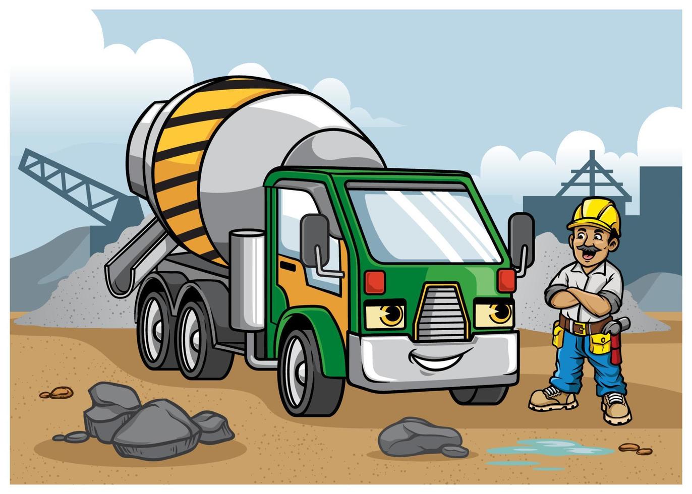 Cement truck illustration on construction site vector