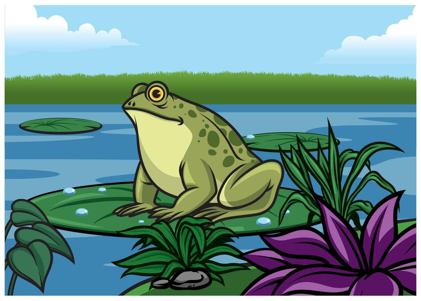 frog cartoon stand in the lotus leaf in the middle of lake vector