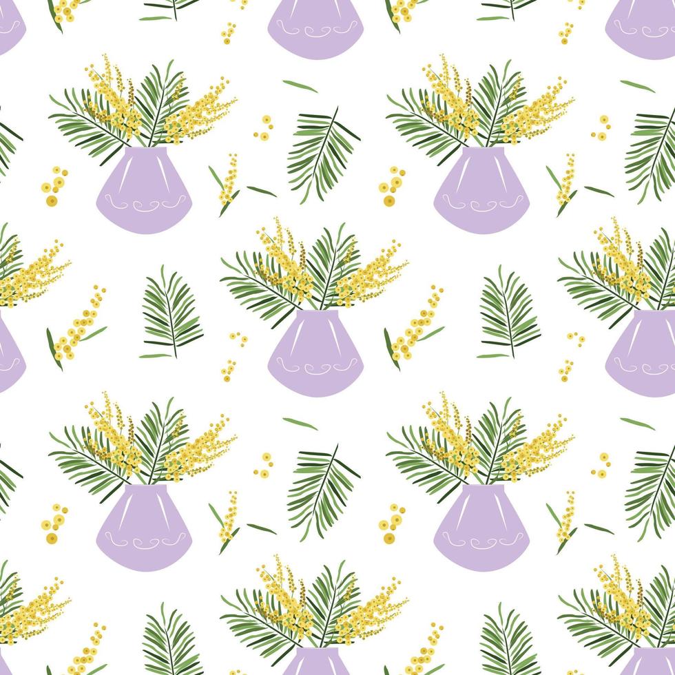 Seamless pattern of mimosa bouquets in a vase vector