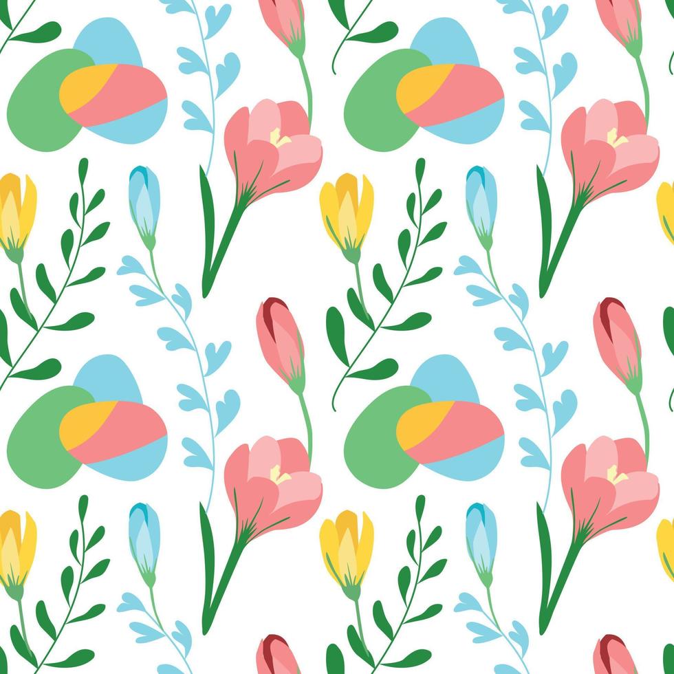 Seamless pattern of Easter eggs and spring flowers vector