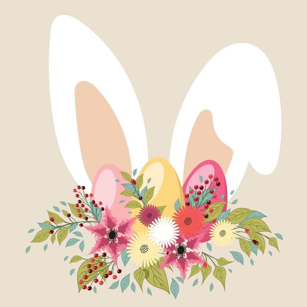 Concept of Easter egg hunt or egg decorating art with rabbits and beautiful painted eggs. vector