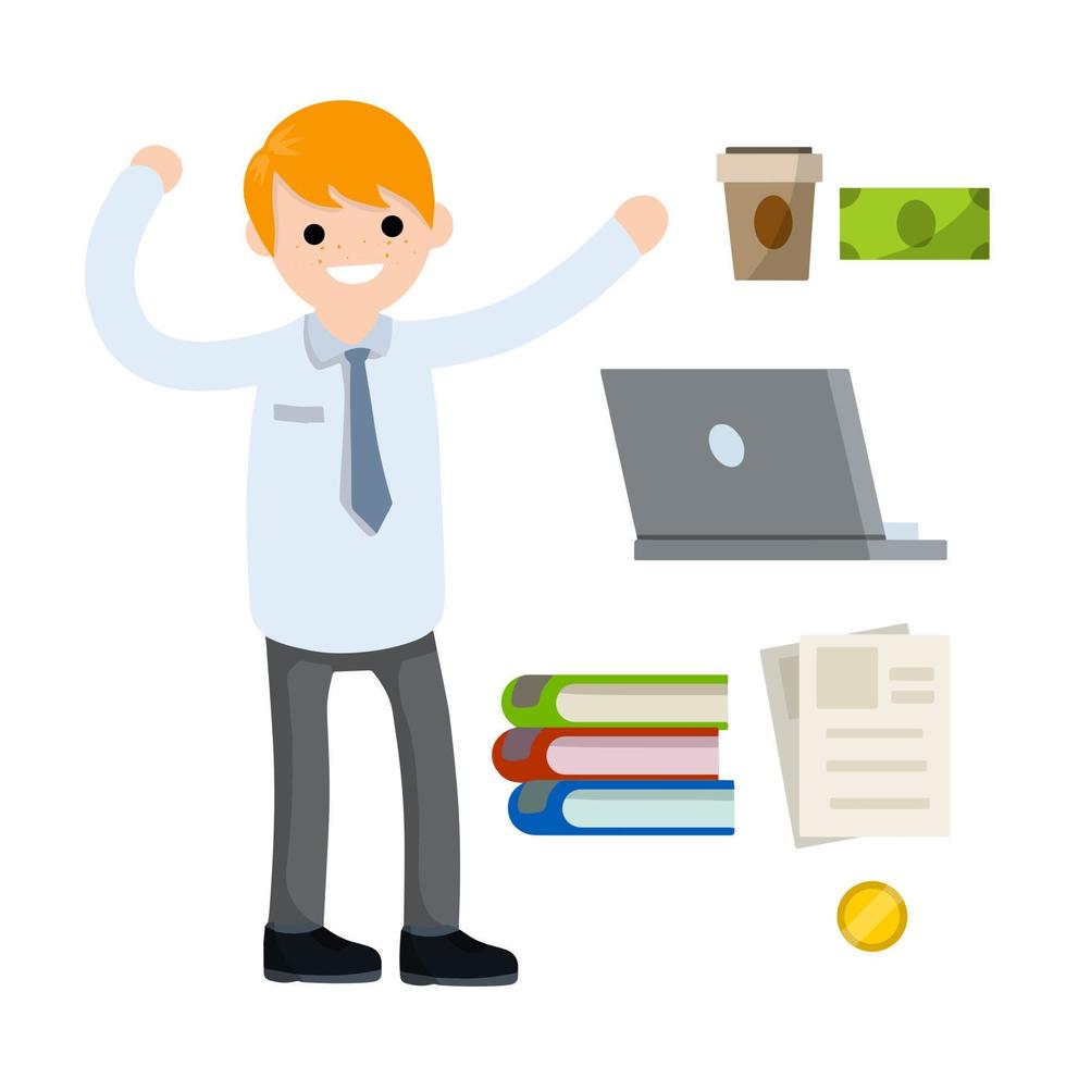 Male employee in shirt and tie. Office man and set of objects. Cute character. Joyful guy. Cartoon flat illustration. Books, laptop, coffee, document file, cash and coin money vector