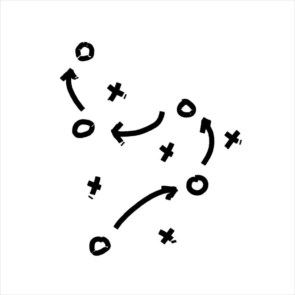 Sports tactics and strategy. Scheme of movement of team player. Combination of crosses and circles with path arrows. Pitch ball instructions. vector